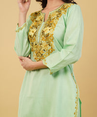 Kashmiri Aari embroidery Cotton Co-ord set Size-36 (Green)