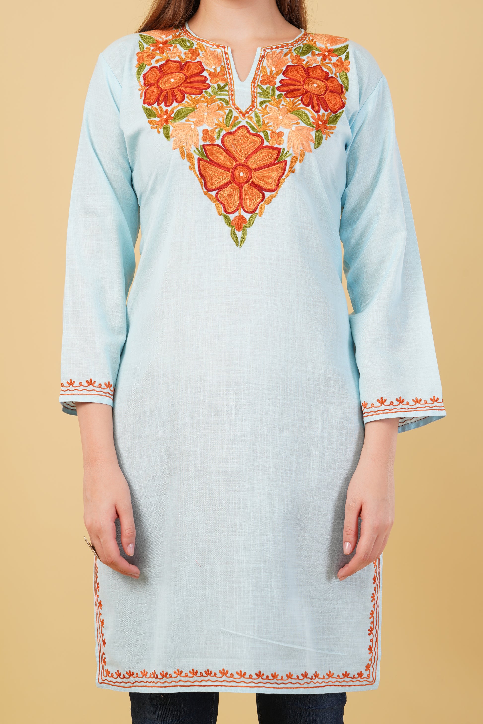 Kashmiri Aari embroidery Cotton Long Kurti Size-42 (Sky Blue)