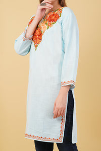 Kashmiri Aari embroidery Cotton Long Kurti Size-42 (Sky Blue)
