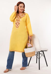 Kashmiri Aari embroidery Cotton Long Kurti Size-46(Yellow)