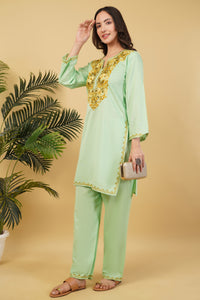 Kashmiri Aari embroidery Cotton Co-ord set Size-36 (Green)