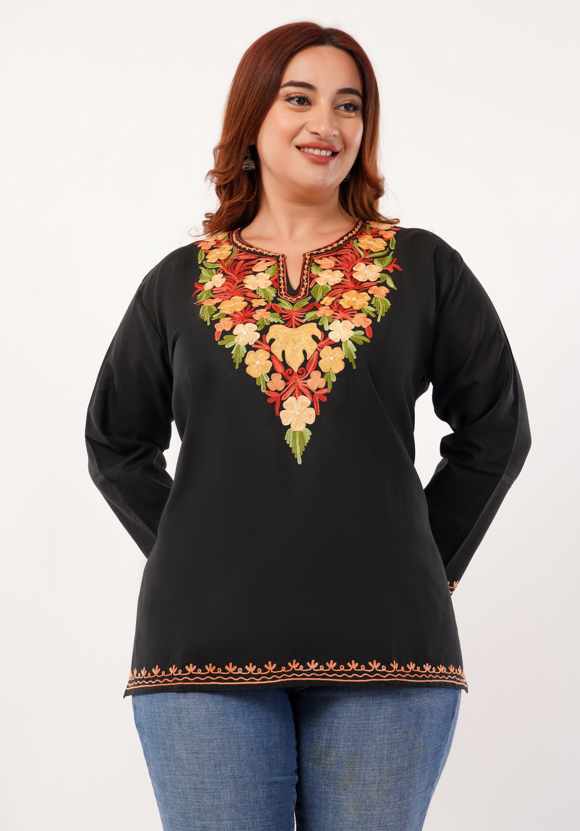 Kashmiri Aari embroidery Cotton Short Kurti Size-46 (Black)