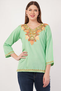 Kashmiri Aari embroidery Cotton Short Kurti Size-42(Green)