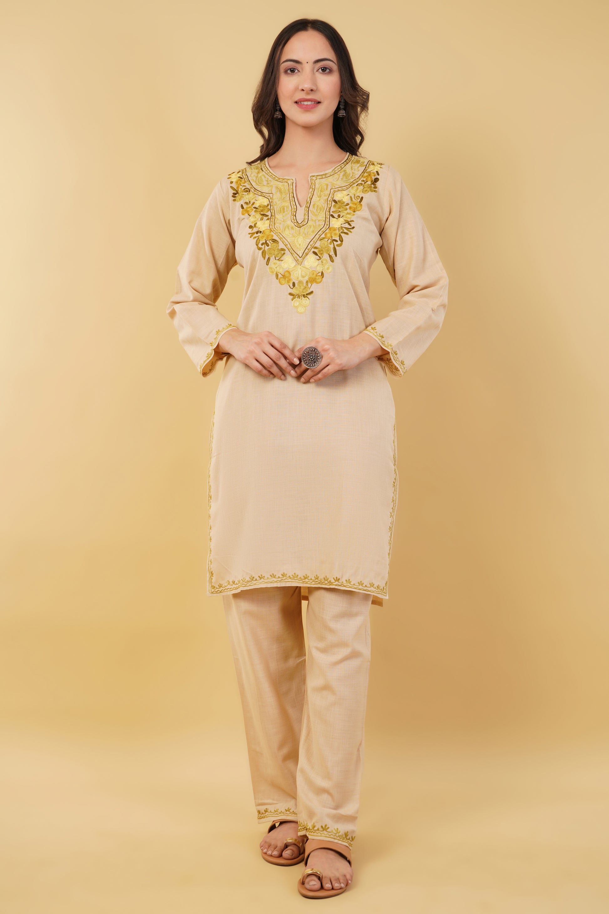 Kashmiri Aari embroidery Cotton Co-ord set Size-36 (Beige)