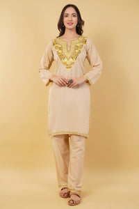 Kashmiri Aari embroidery Cotton Co-ord set Size-36 (Beige)
