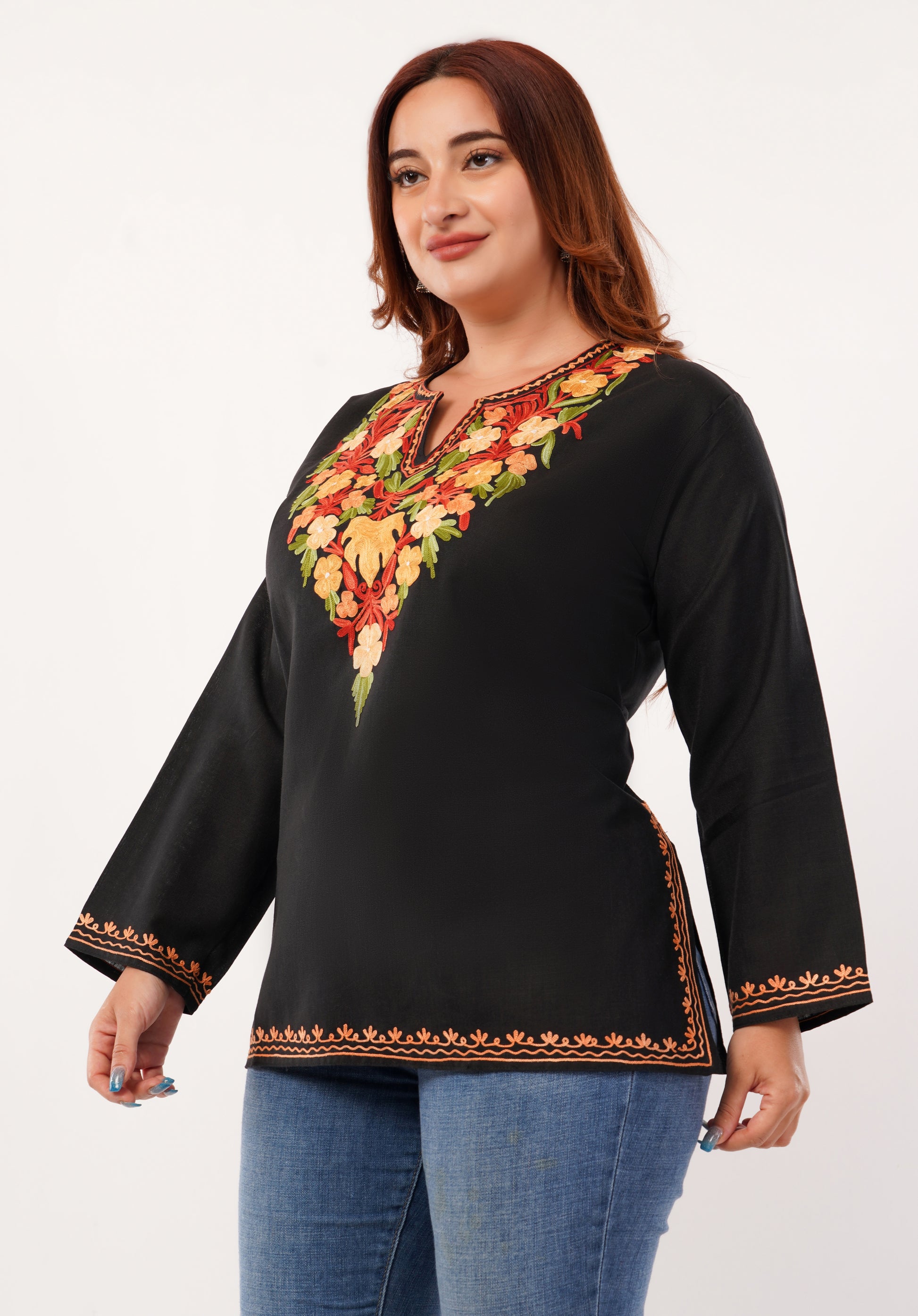 Kashmiri Aari embroidery Cotton Short Kurti Size-46 (Black)