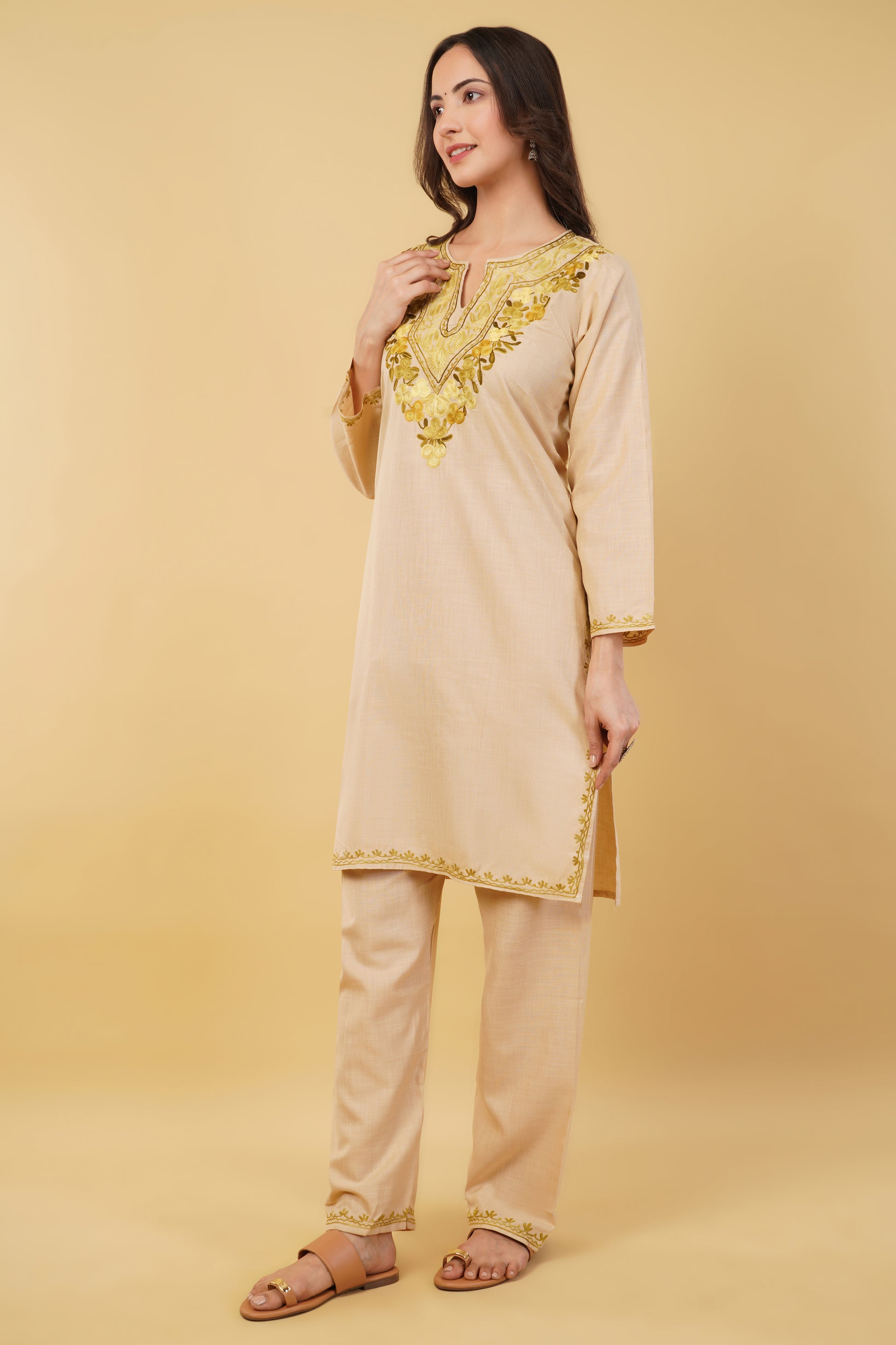 Kashmiri Aari embroidery Cotton Co-ord set Size-36 (Beige)