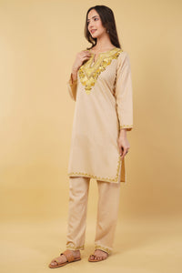 Kashmiri Aari embroidery Cotton Co-ord set Size-36 (Beige)
