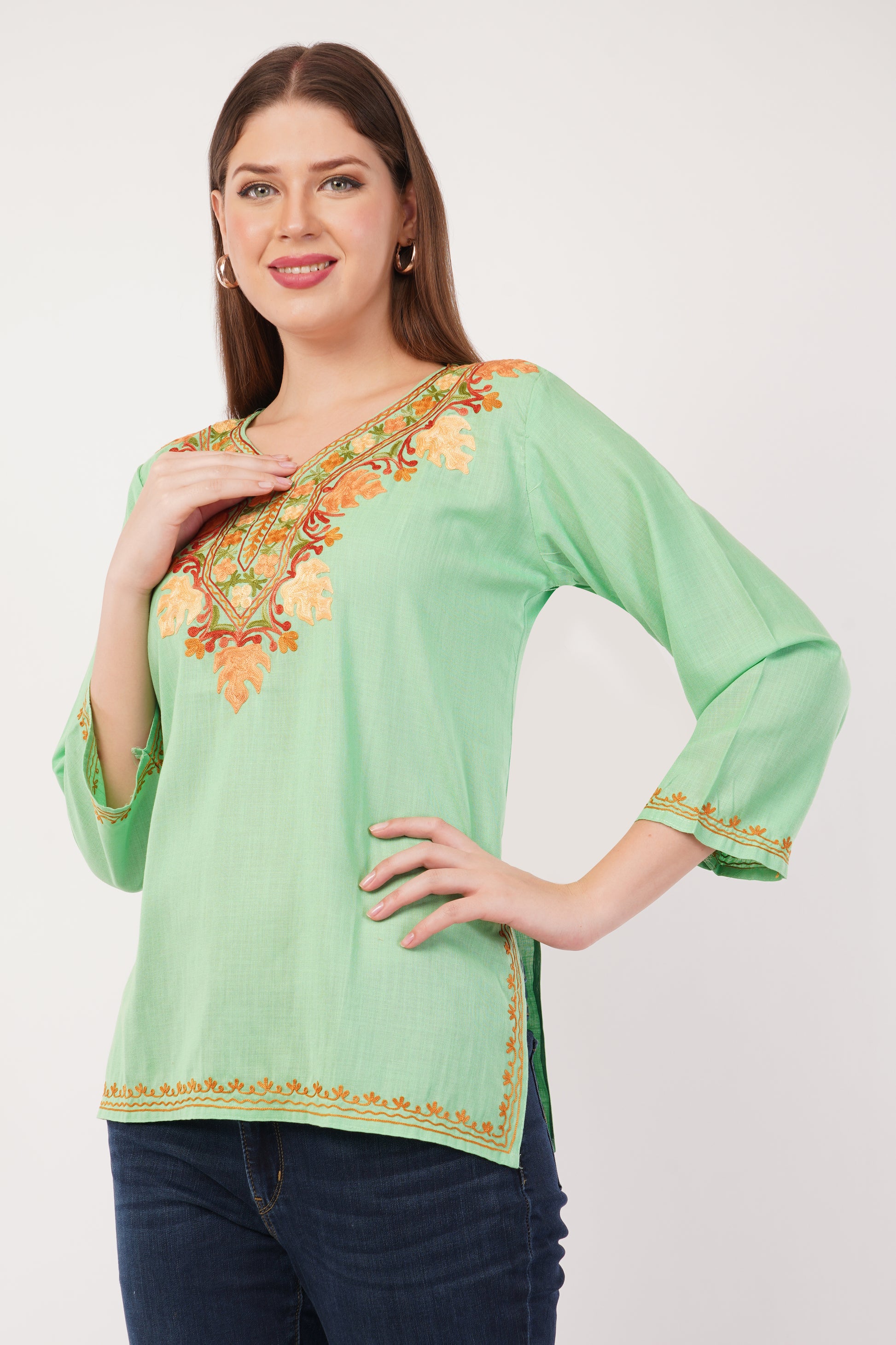 Kashmiri Aari embroidery Cotton Short Kurti Size-42(Green)