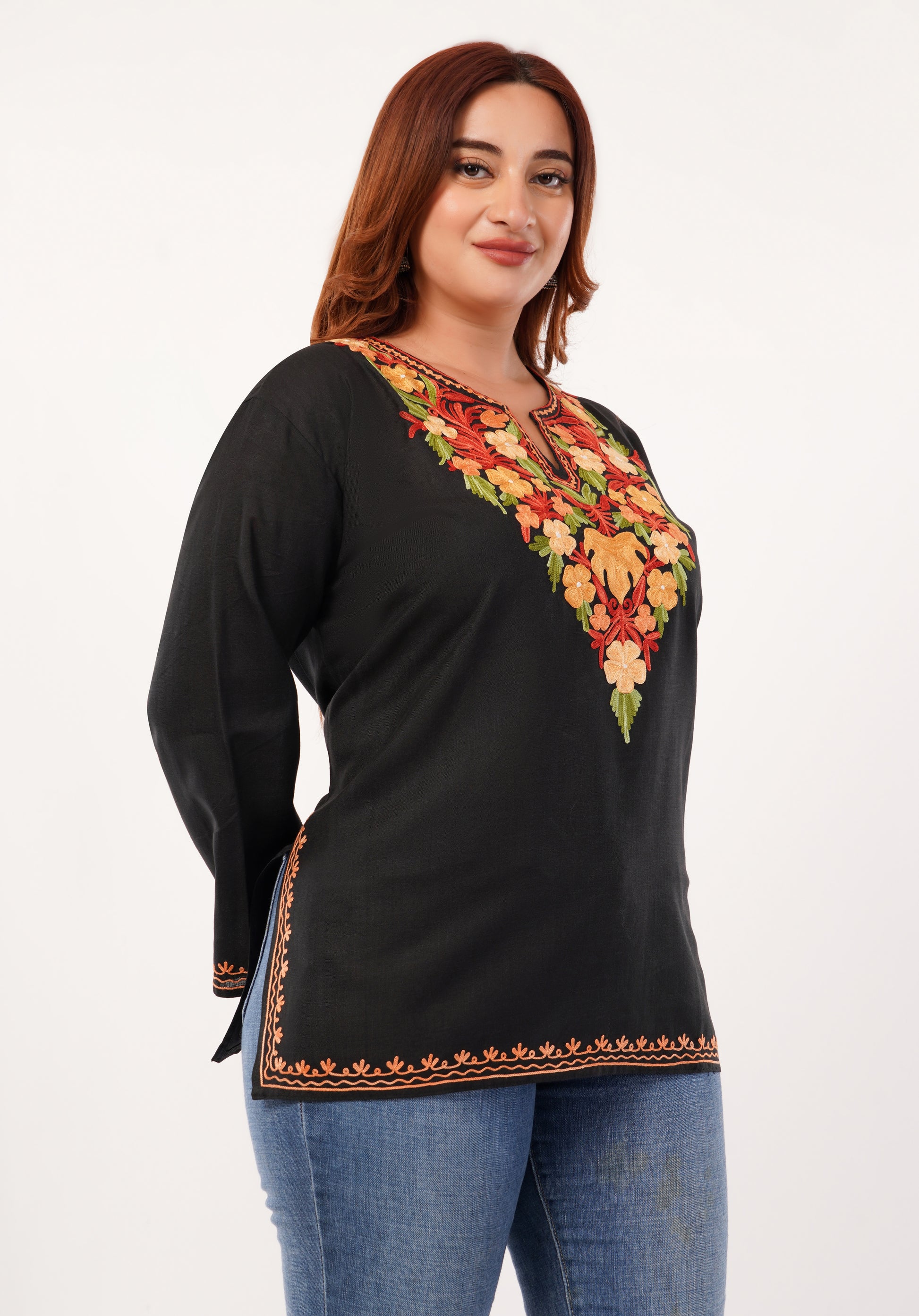 Kashmiri Aari embroidery Cotton Short Kurti Size-46 (Black)