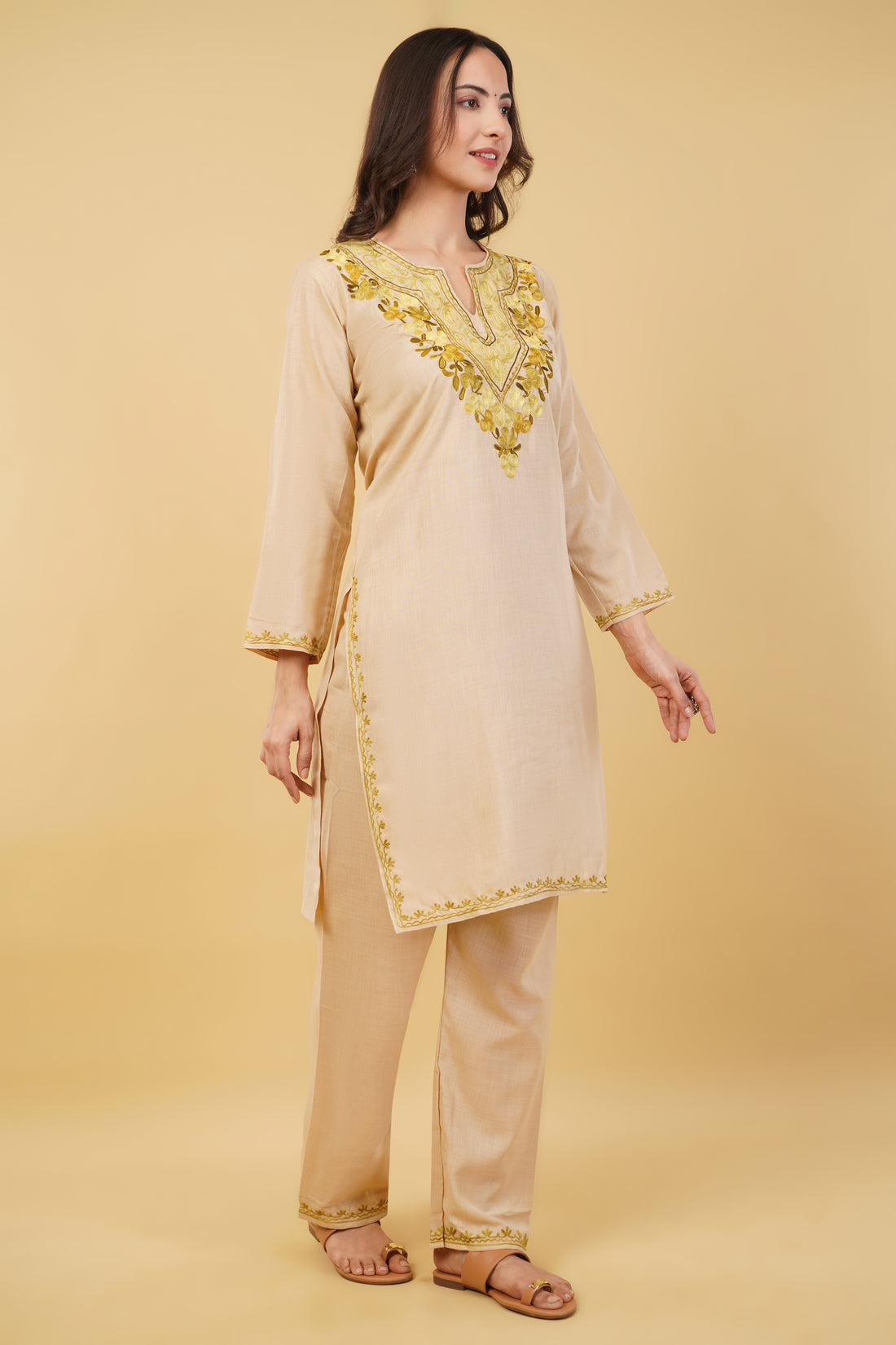Kashmiri Aari embroidery Cotton Co-ord set Size-36 (Beige)