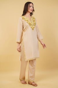 Kashmiri Aari embroidery Cotton Co-ord set Size-36 (Beige)
