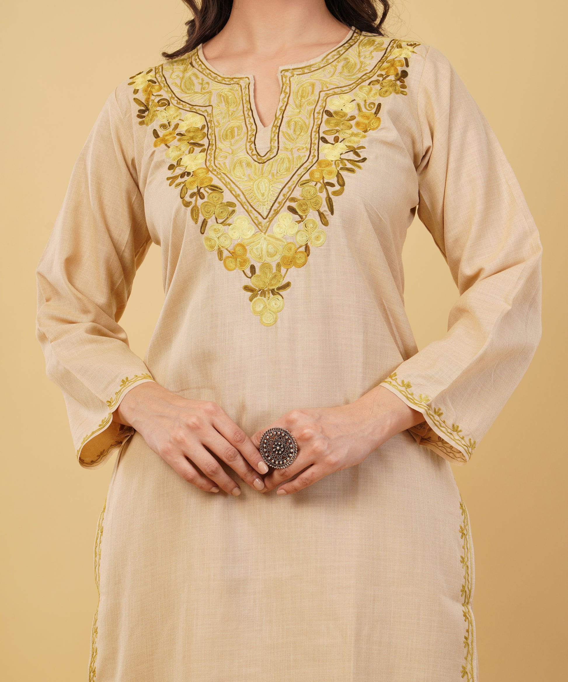 Kashmiri Aari embroidery Cotton Co-ord set Size-36 (Beige)