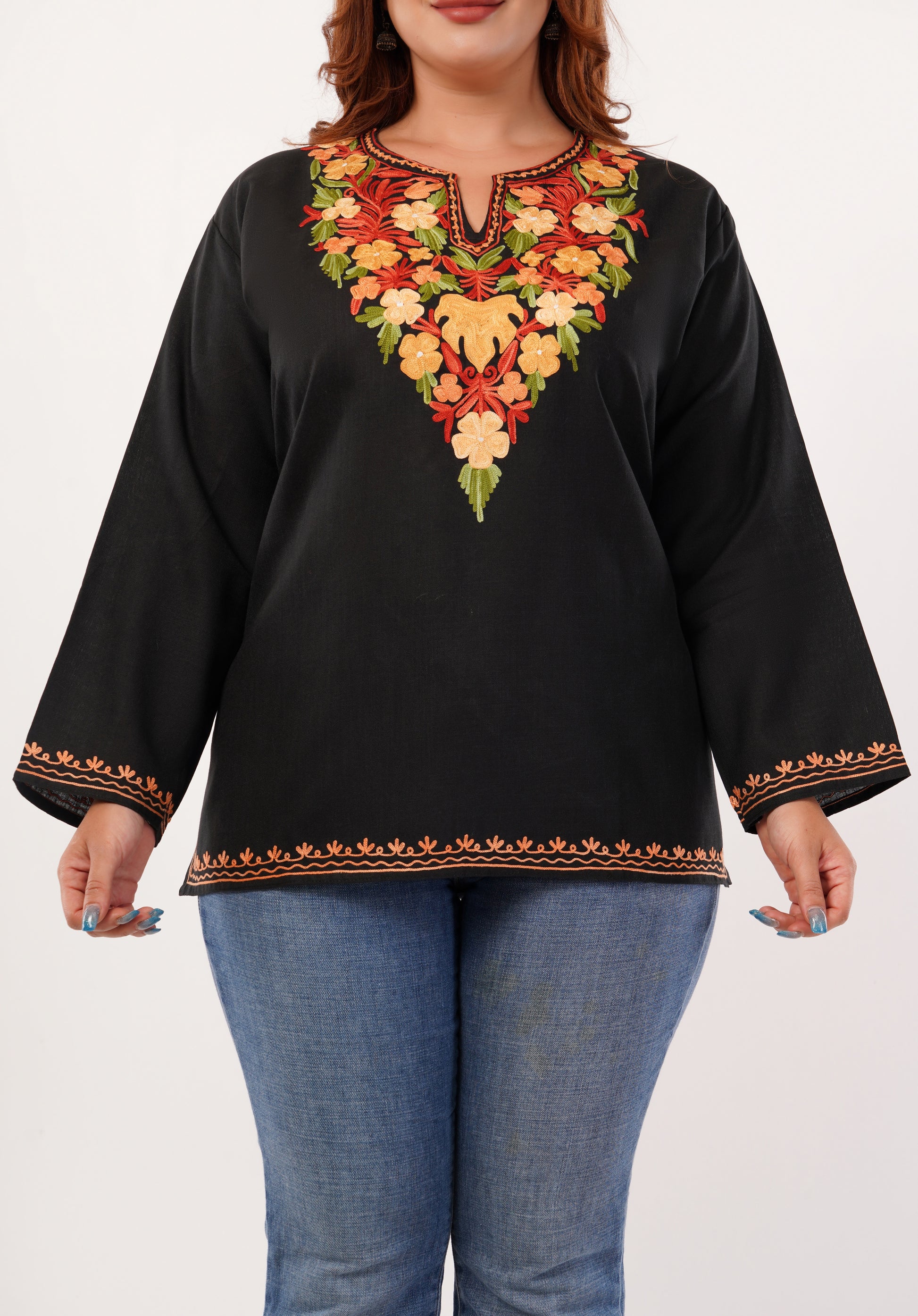 Kashmiri Aari embroidery Cotton Short Kurti Size-46 (Black)
