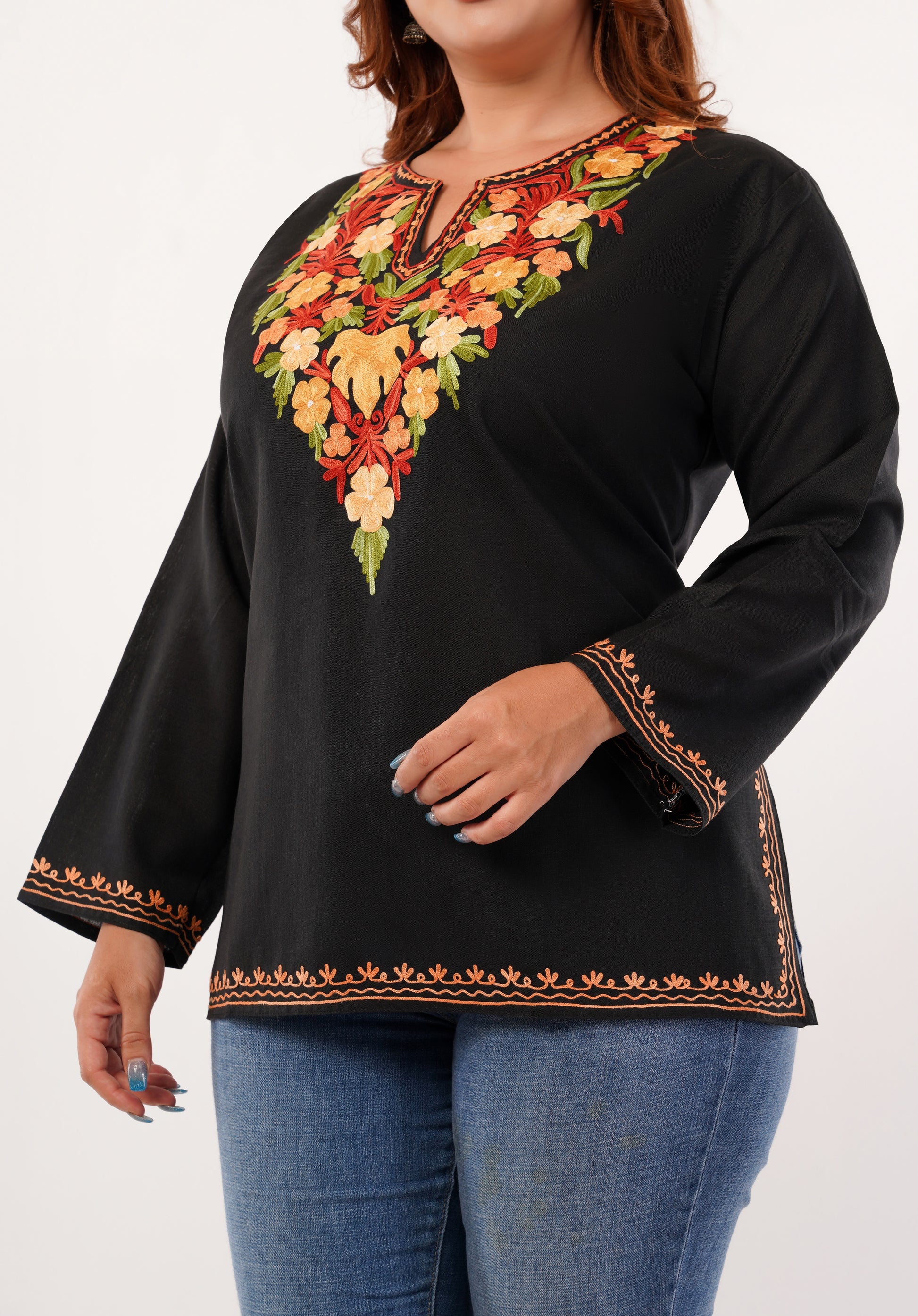Kashmiri Aari embroidery Cotton Short Kurti Size-46 (Black)