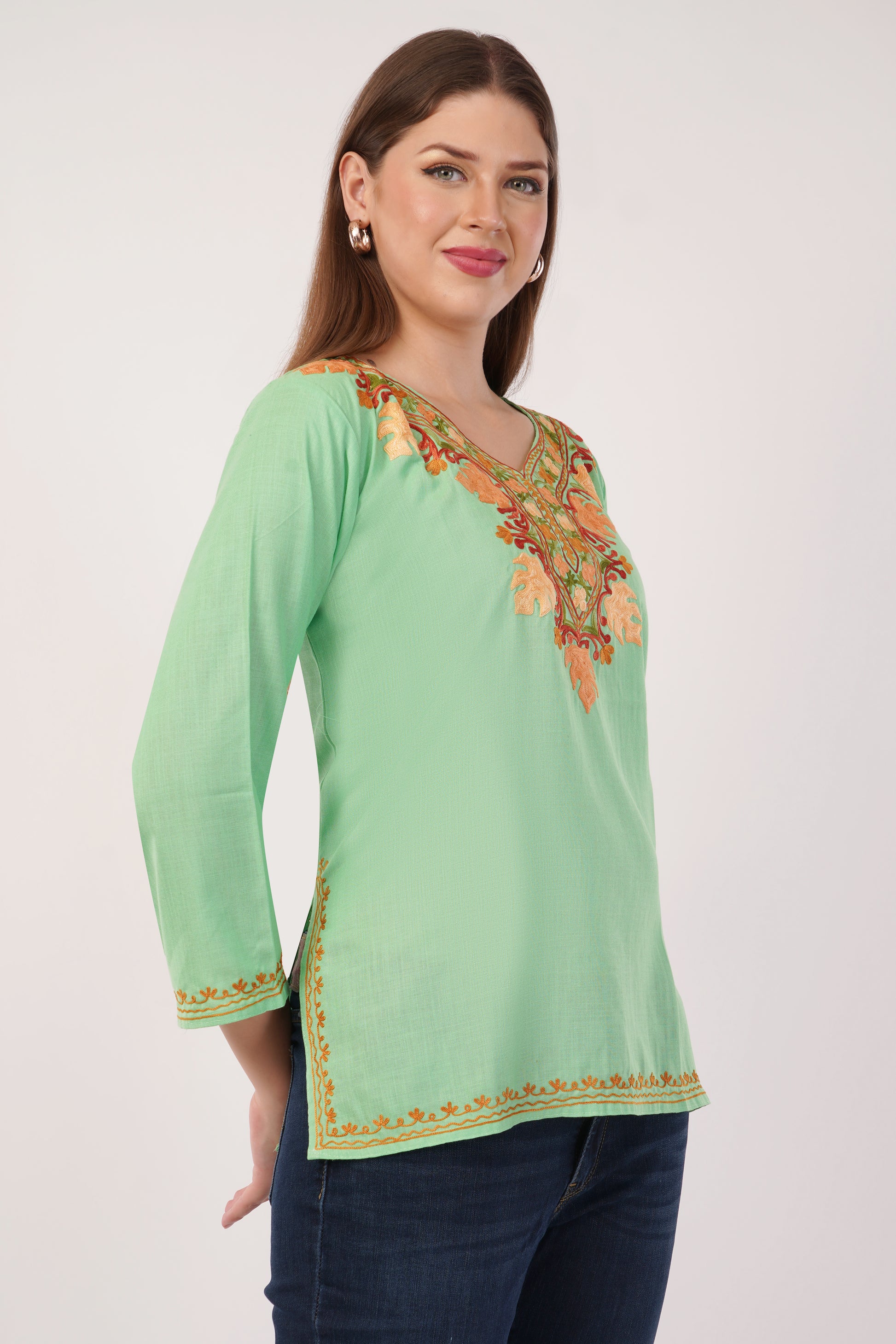 Kashmiri Aari embroidery Cotton Short Kurti Size-42(Green)