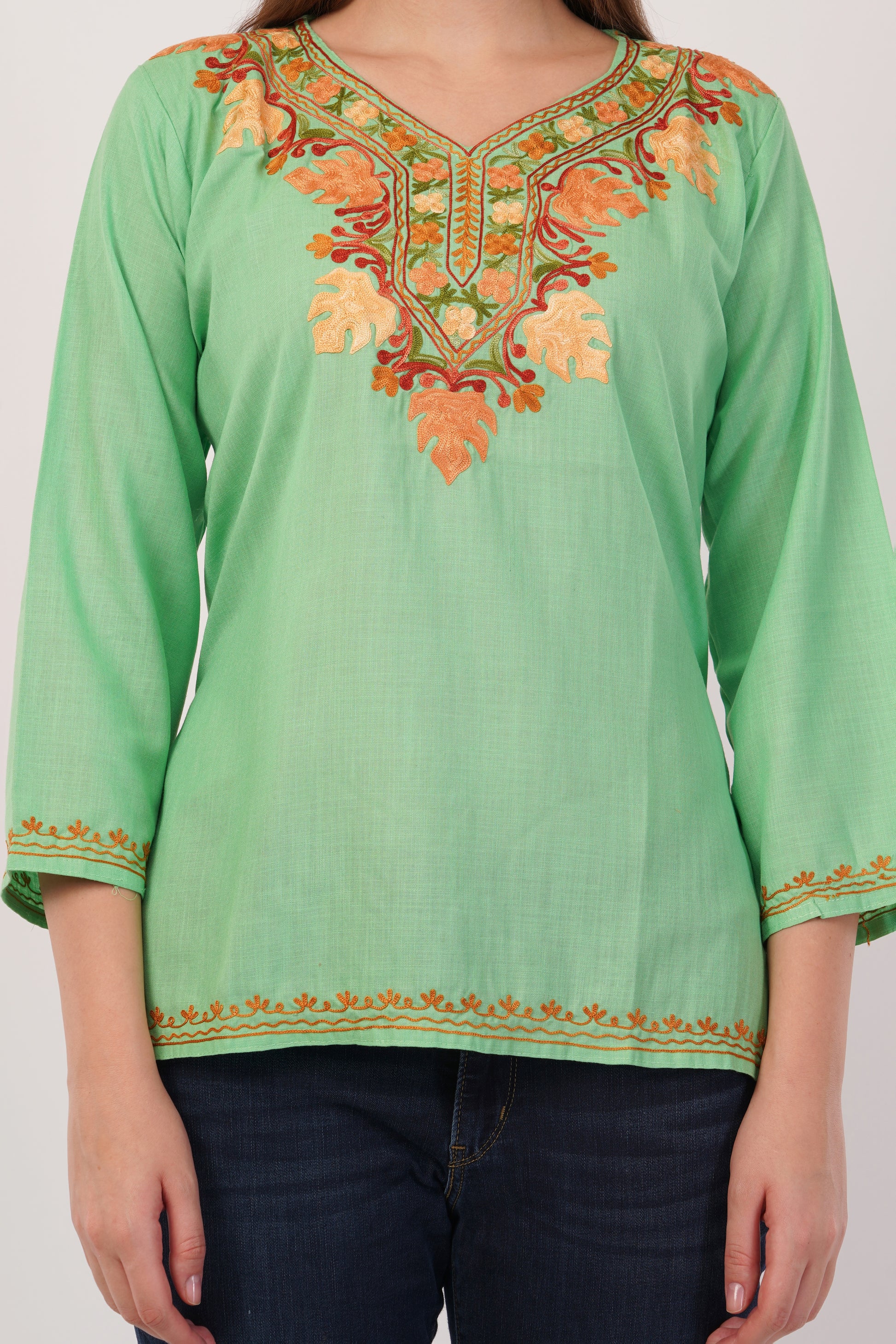 Kashmiri Aari embroidery Cotton Short Kurti Size-42(Green)