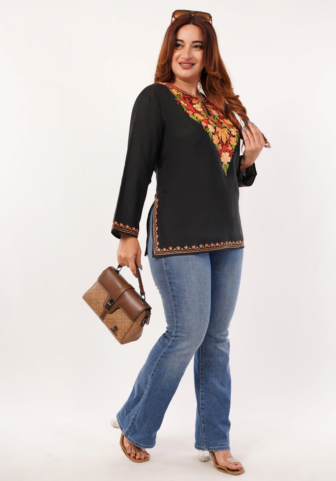 Kashmiri Aari embroidery Cotton Short Kurti Size-46 (Black)