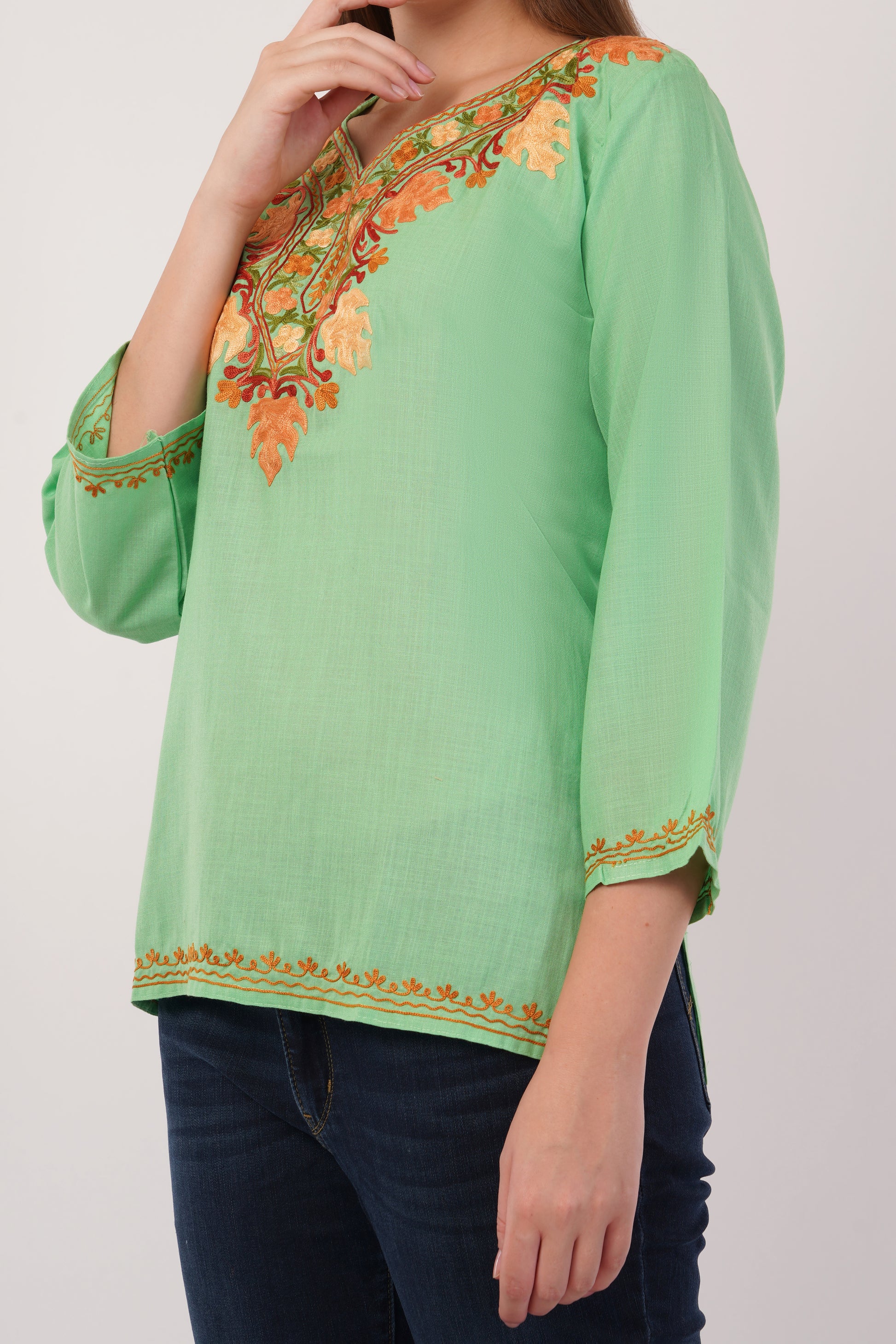 Kashmiri Aari embroidery Cotton Short Kurti Size-42(Green)