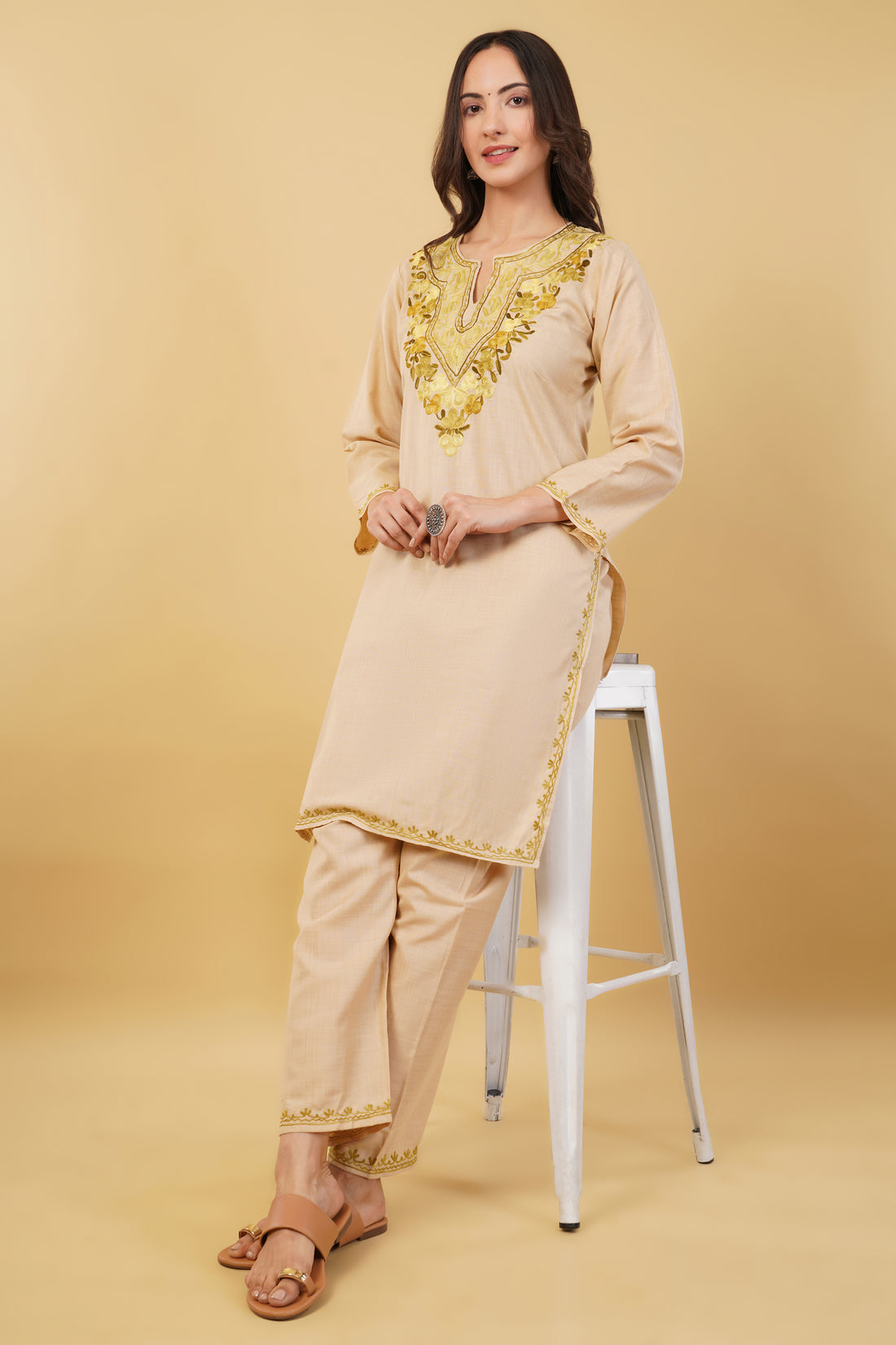 Kashmiri Aari embroidery Cotton Co-ord set Size-36 (Beige)