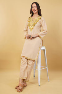 Kashmiri Aari embroidery Cotton Co-ord set Size-36 (Beige)