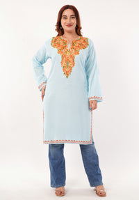 Kashmiri Aari embroidery Cotton Long Kurti Size-46(Sky Blue)