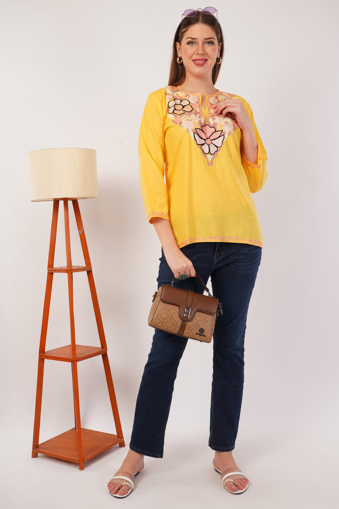 Kashmiri Aari embroidery Cotton Short Kurti Size-42(Yellow)