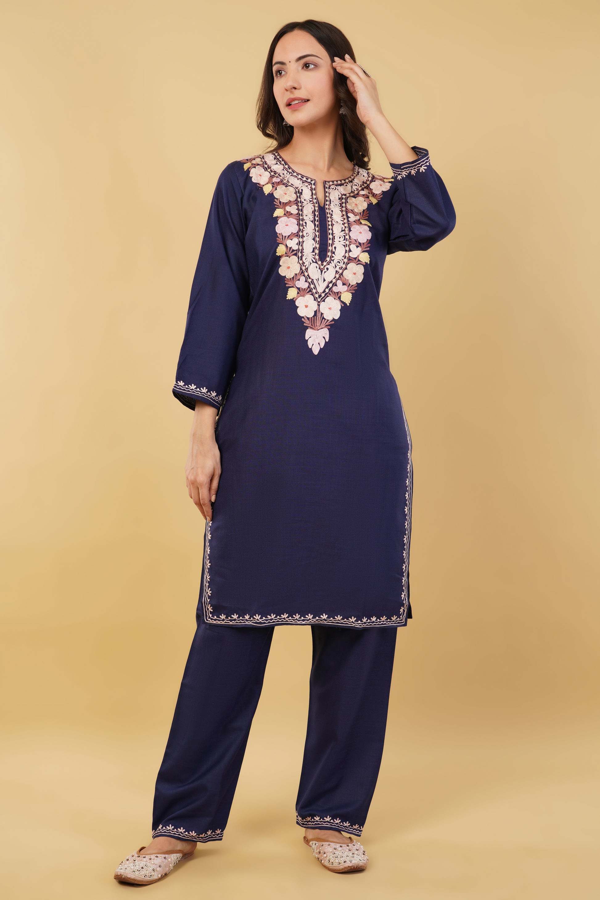 Kashmiri Aari embroidery Cotton Co-ord set Size-36 (Navy Blue)