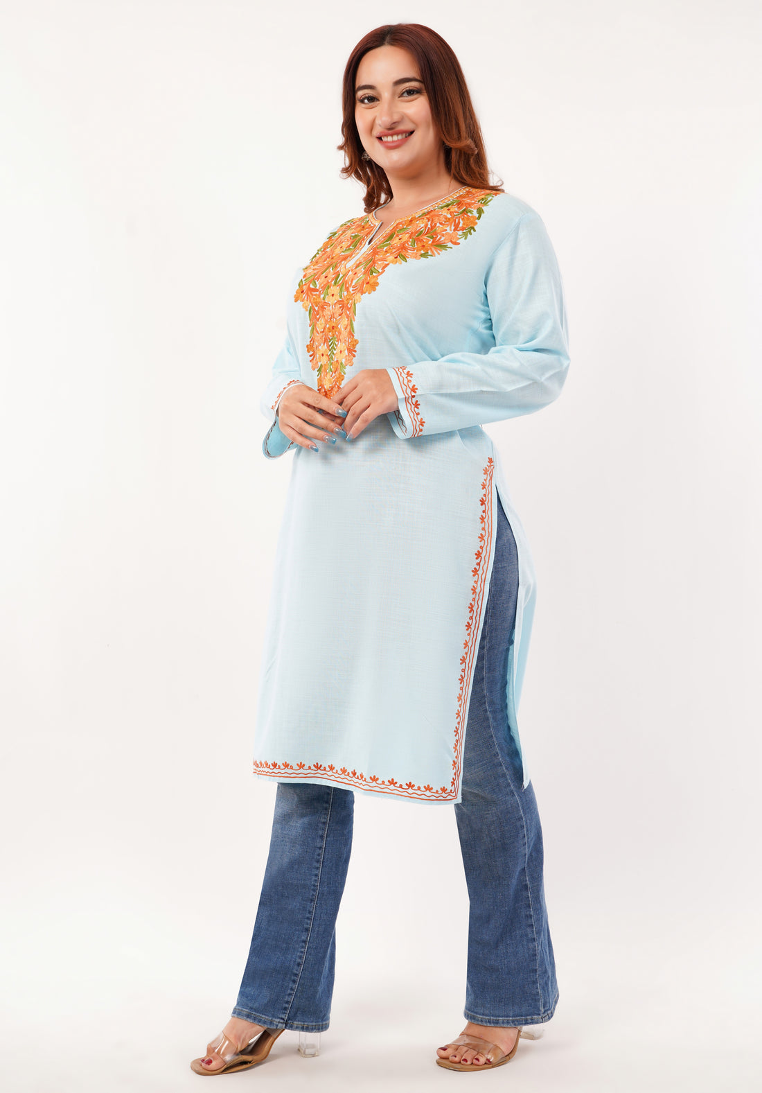Kashmiri Aari embroidery Cotton Long Kurti Size-46(Sky Blue)