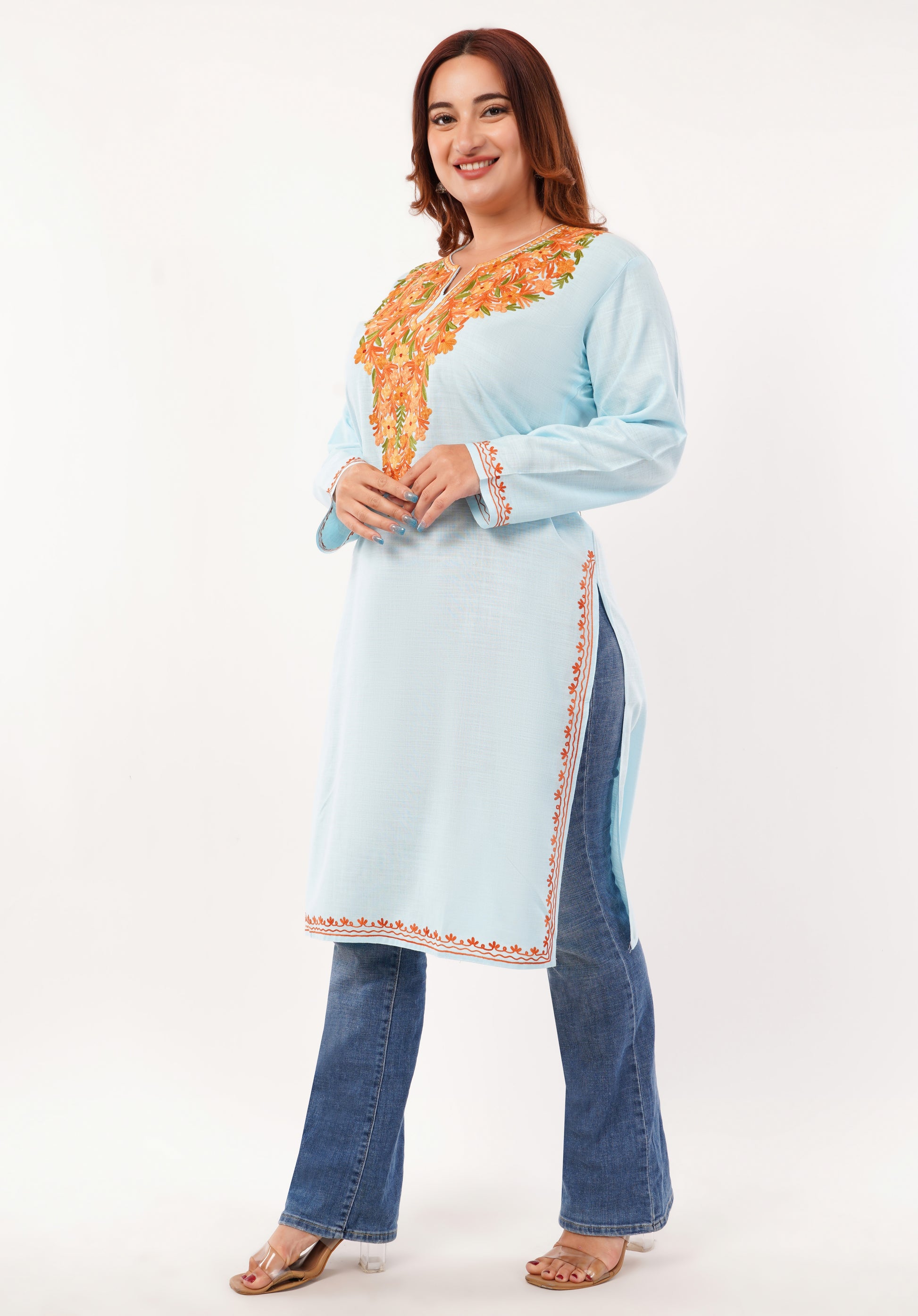 Kashmiri Aari embroidery Cotton Long Kurti Size-46(Sky Blue)