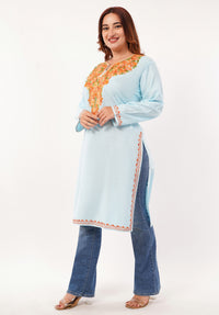 Kashmiri Aari embroidery Cotton Long Kurti Size-46(Sky Blue)