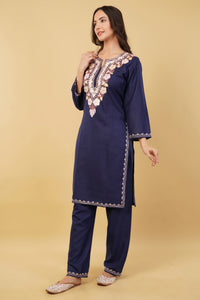 Kashmiri Aari embroidery Cotton Co-ord set Size-36 (Navy Blue)