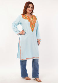Kashmiri Aari embroidery Cotton Long Kurti Size-46(Sky Blue)