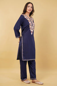 Kashmiri Aari embroidery Cotton Co-ord set Size-36 (Navy Blue)