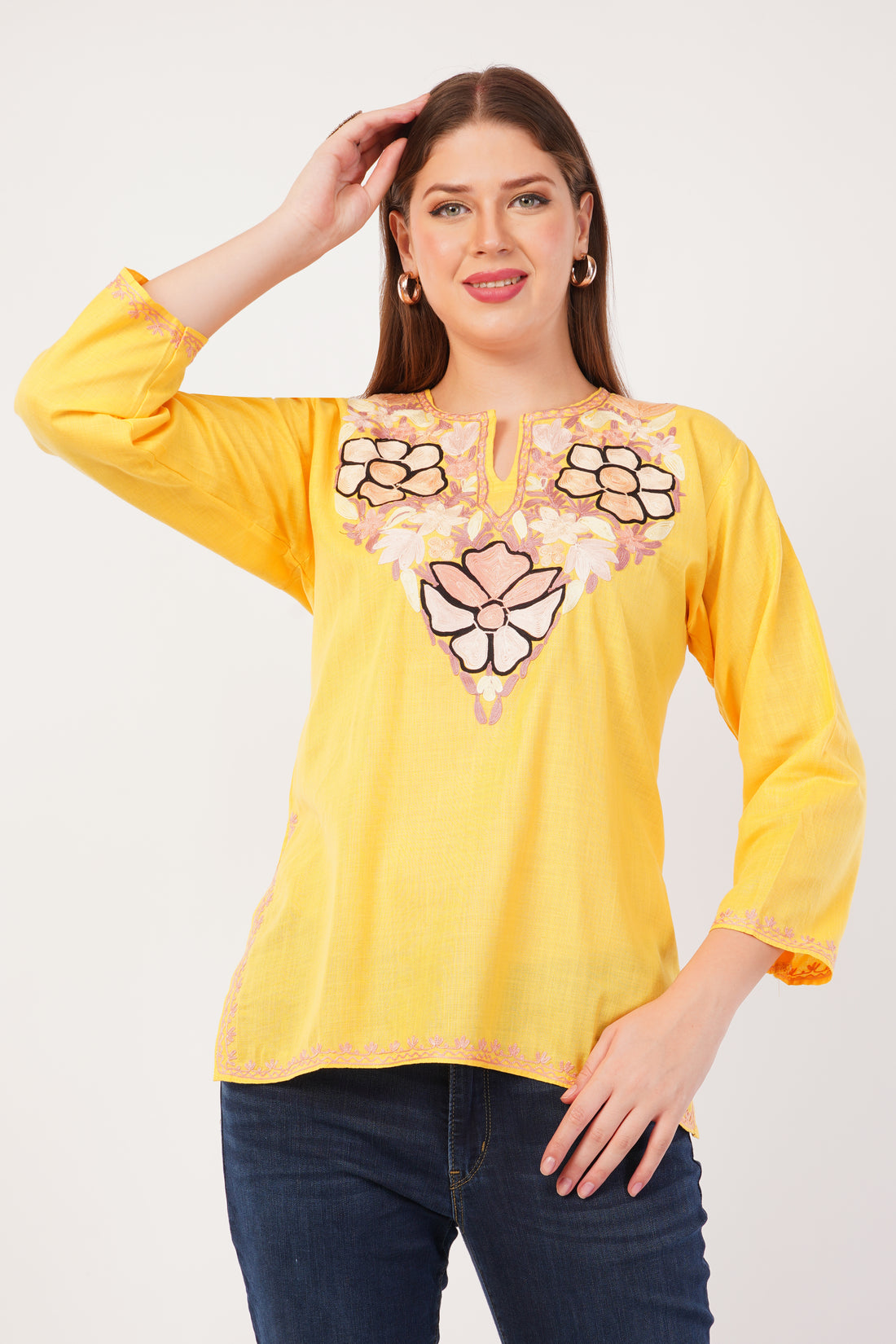Kashmiri Aari embroidery Cotton Short Kurti Size-42(Yellow)