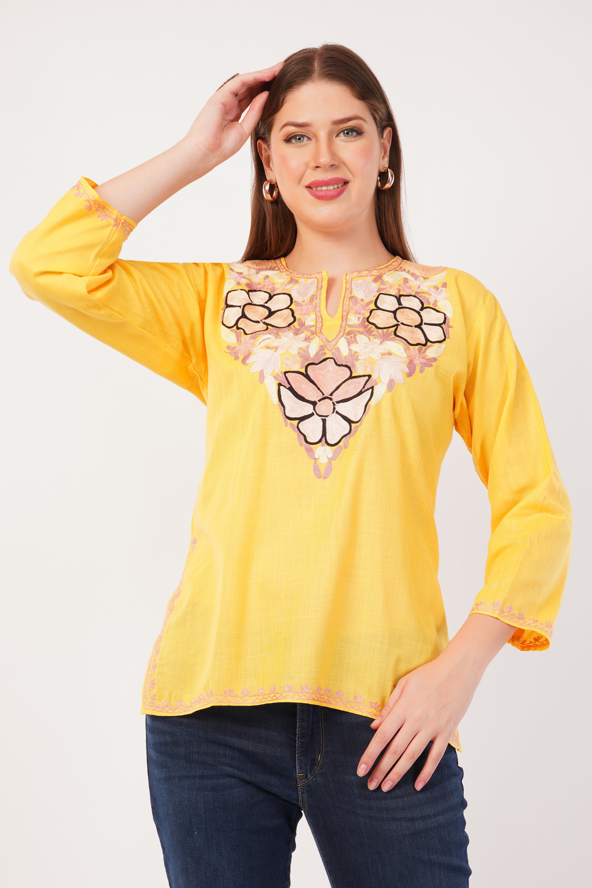 Kashmiri Aari embroidery Cotton Short Kurti Size-42(Yellow)