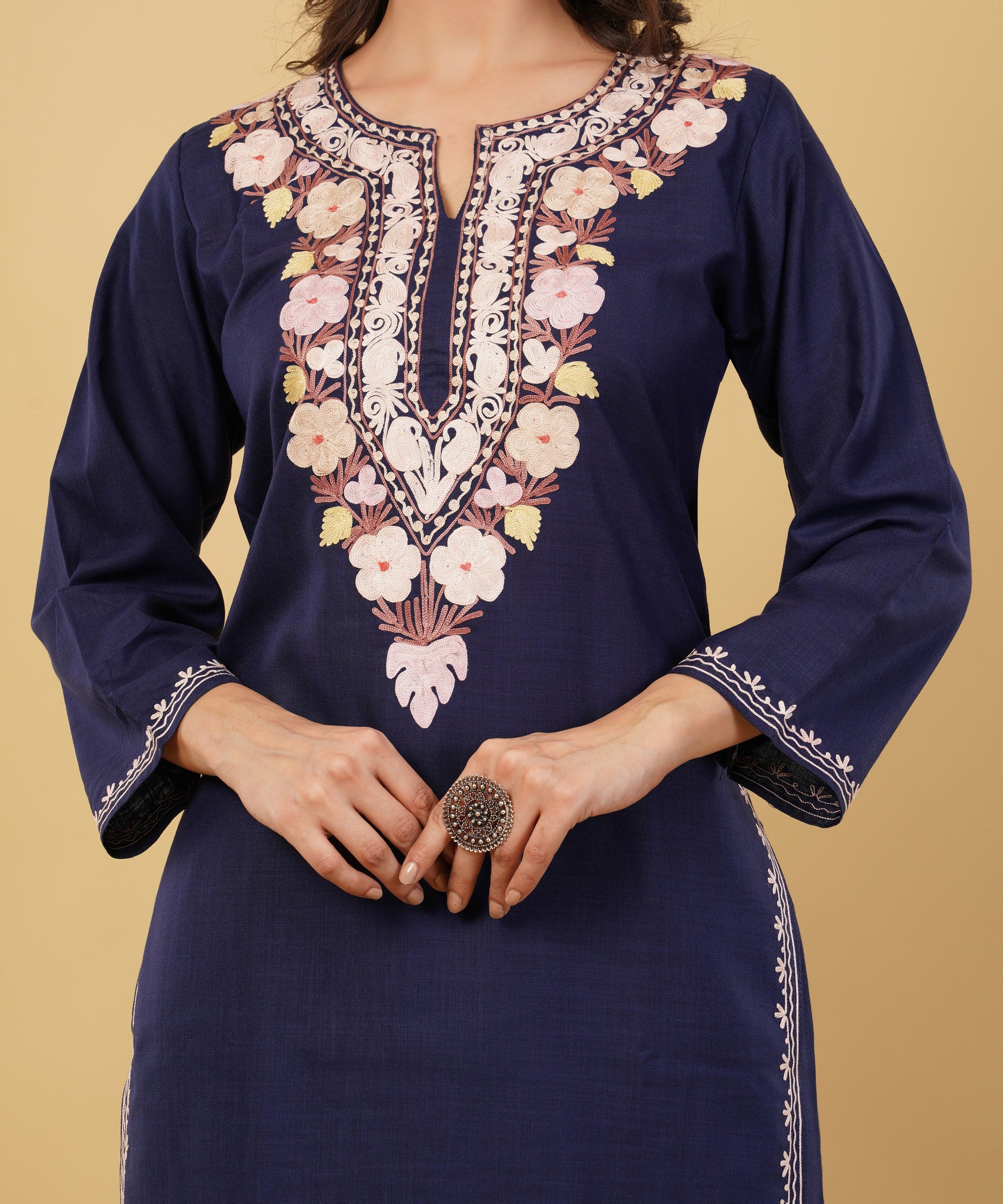 Kashmiri Aari embroidery Cotton Co-ord set Size-36 (Navy Blue)