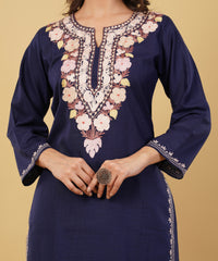 Kashmiri Aari embroidery Cotton Co-ord set Size-36 (Navy Blue)