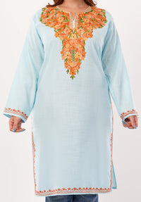 Kashmiri Aari embroidery Cotton Long Kurti Size-46(Sky Blue)