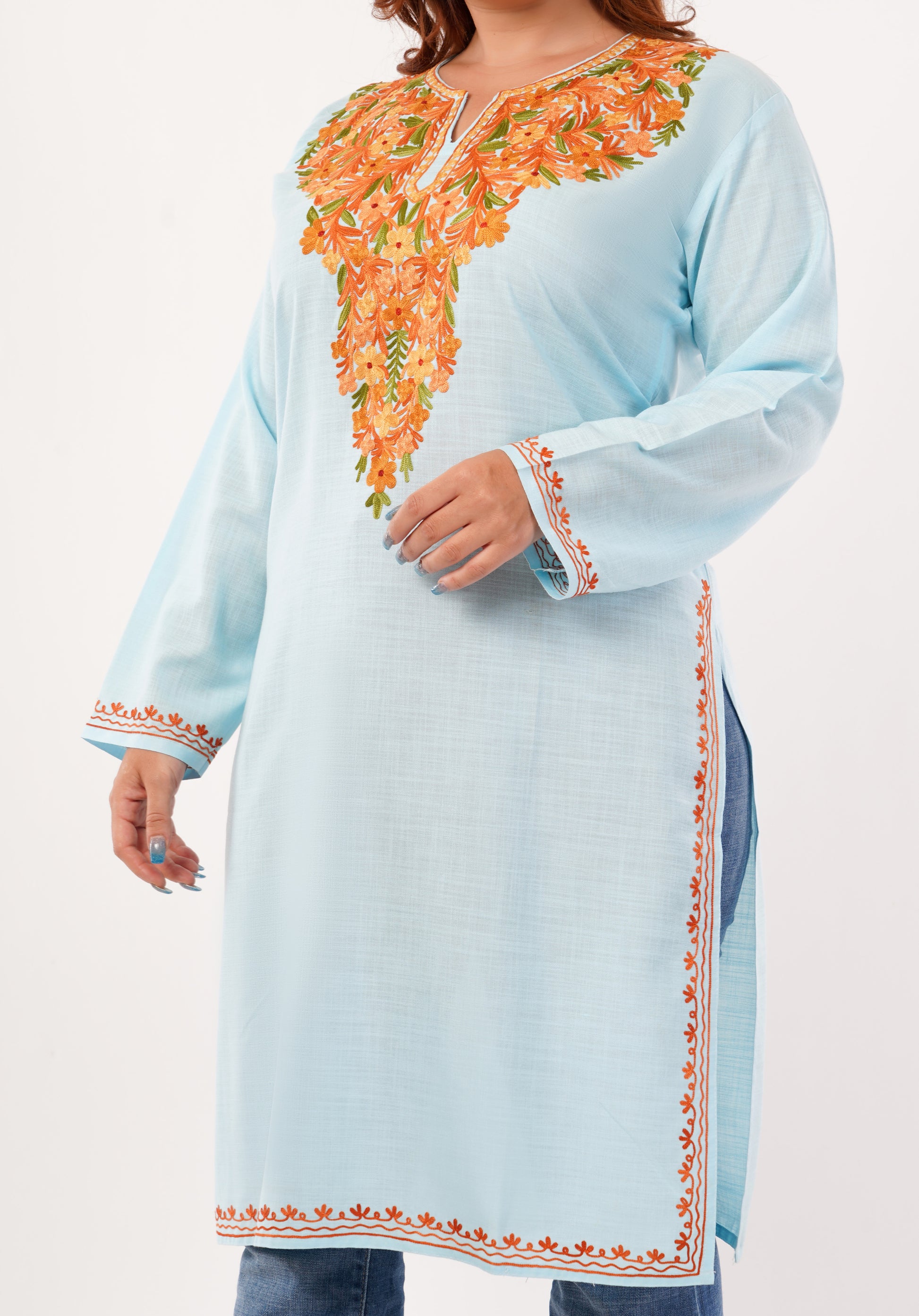 Kashmiri Aari embroidery Cotton Long Kurti Size-46(Sky Blue)