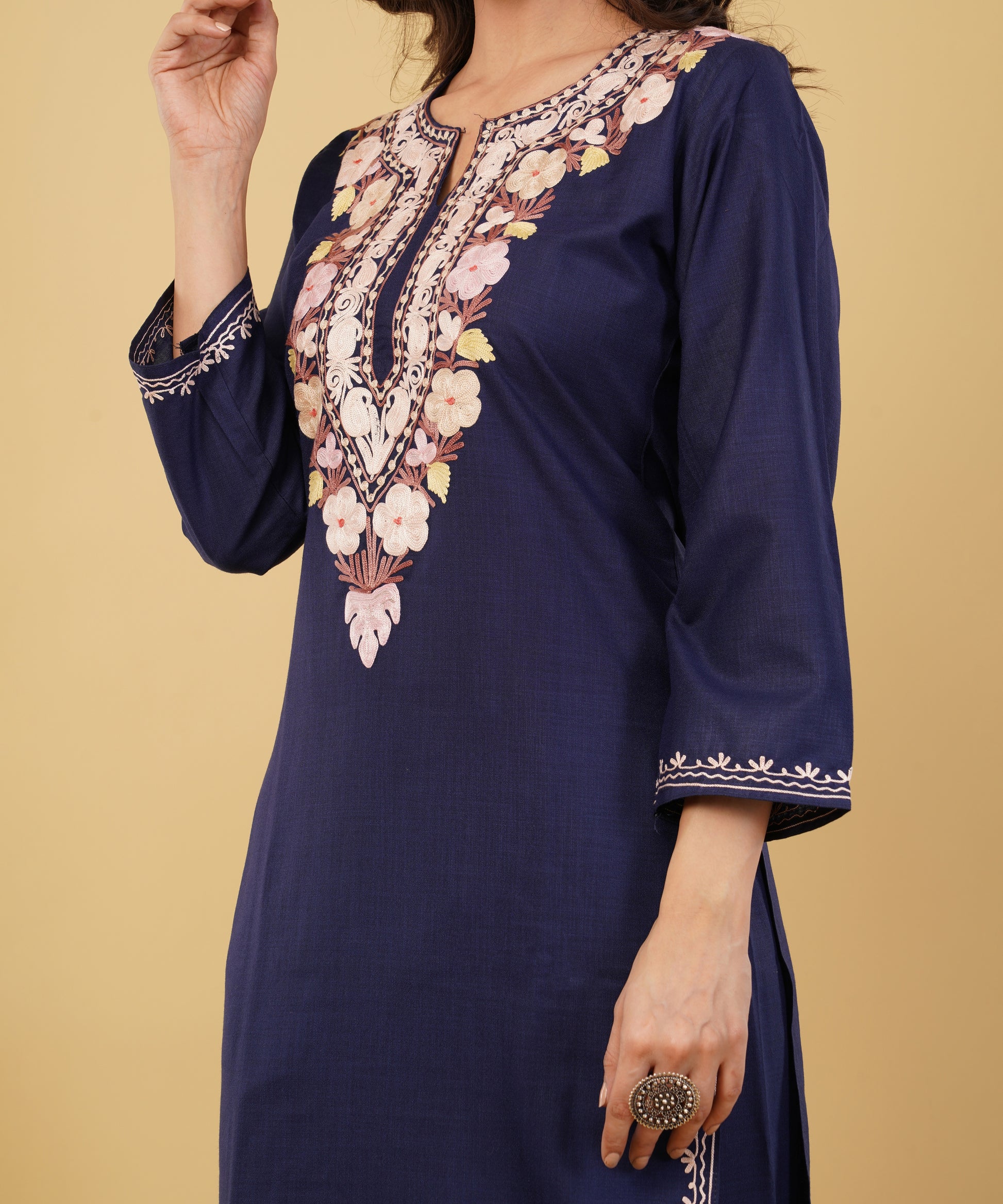 Kashmiri Aari embroidery Cotton Co-ord set Size-36 (Navy Blue)