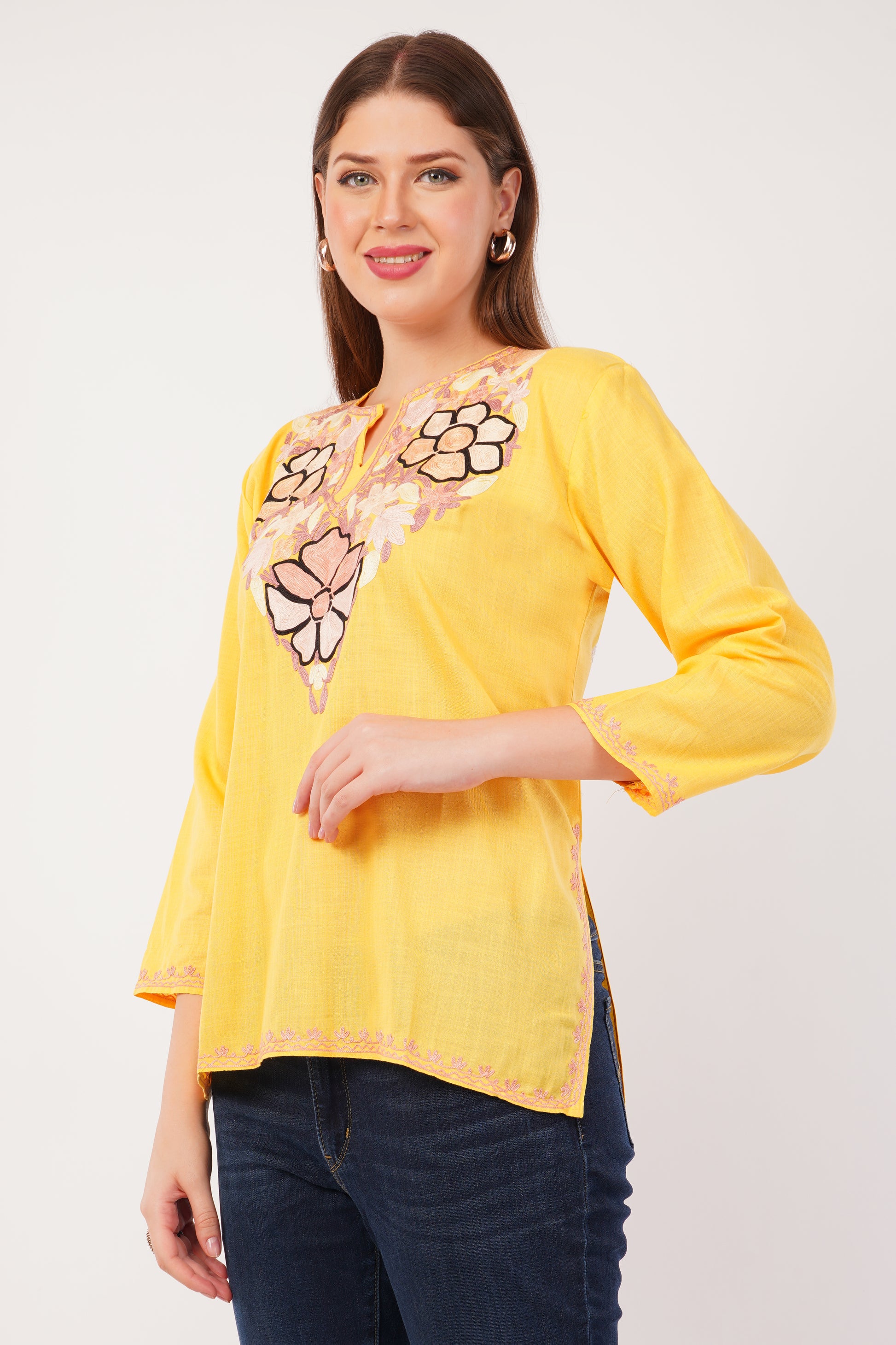 Kashmiri Aari embroidery Cotton Short Kurti Size-42(Yellow)