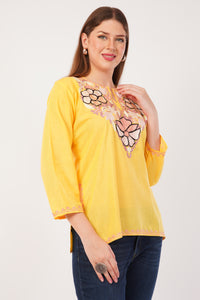 Kashmiri Aari embroidery Cotton Short Kurti Size-42(Yellow)