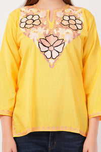 Kashmiri Aari embroidery Cotton Short Kurti Size-42(Yellow)