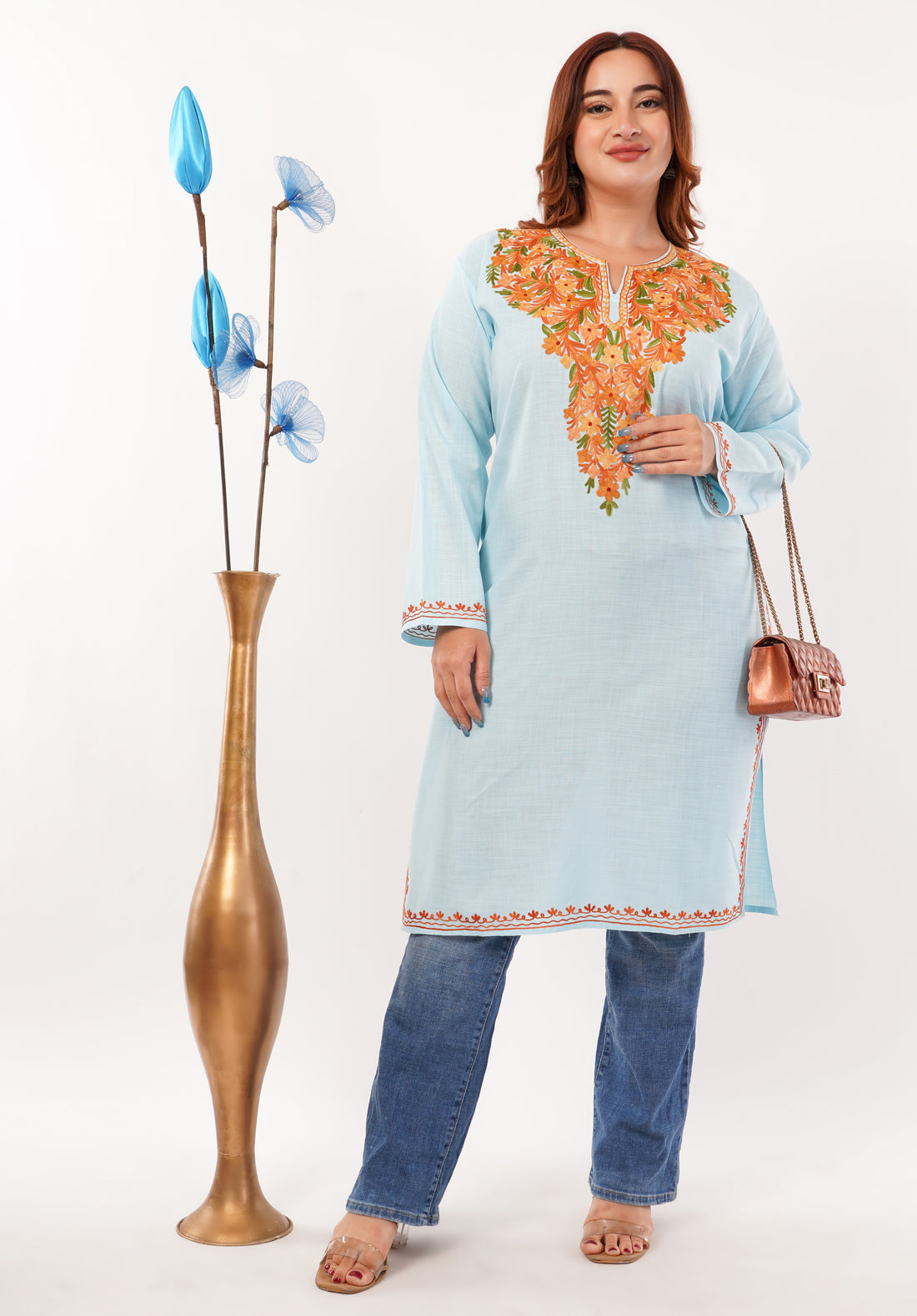 Kashmiri Aari embroidery Cotton Long Kurti Size-46(Sky Blue)