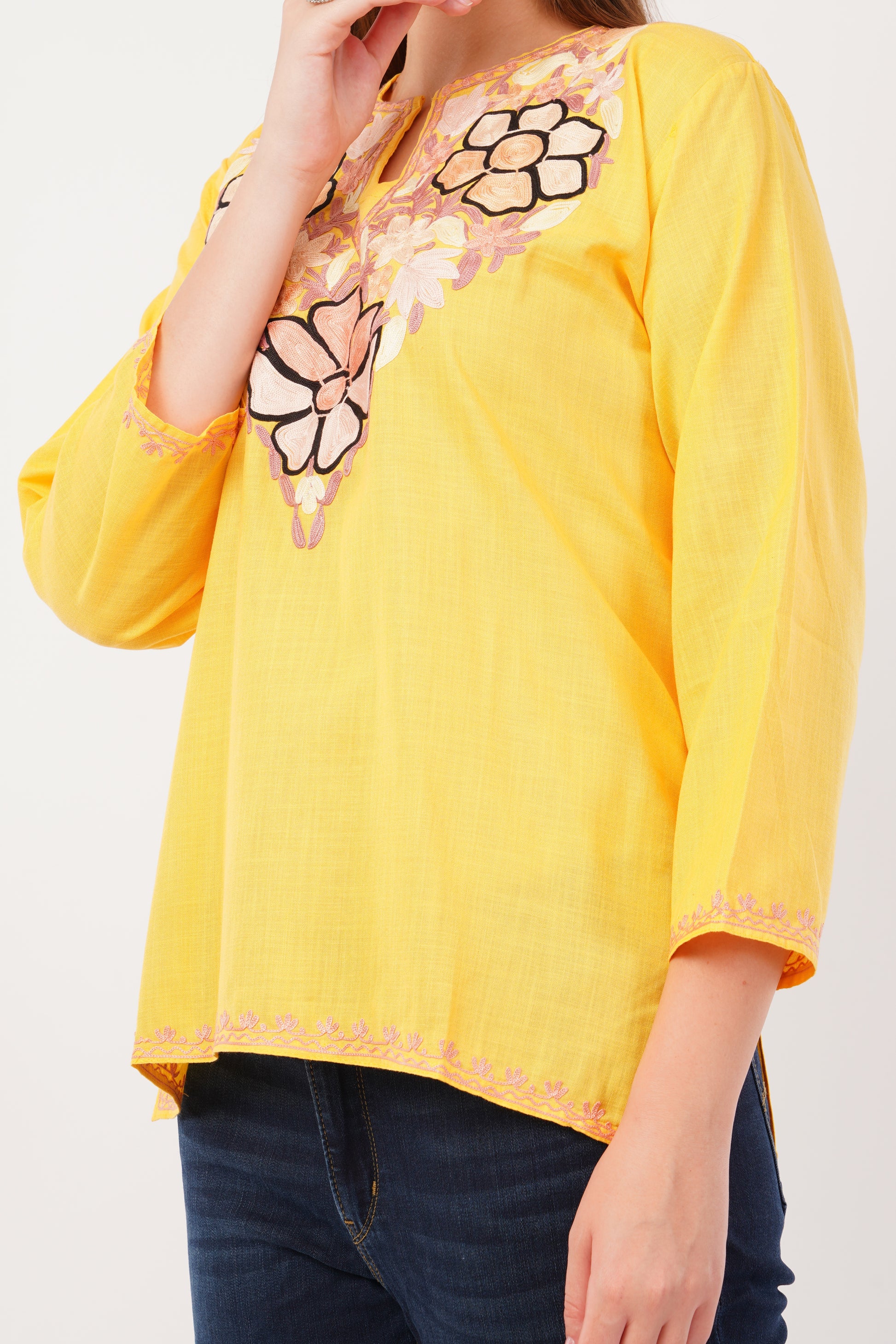 Kashmiri Aari embroidery Cotton Short Kurti Size-42(Yellow)