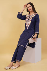 Kashmiri Aari embroidery Cotton Co-ord set Size-36 (Navy Blue)