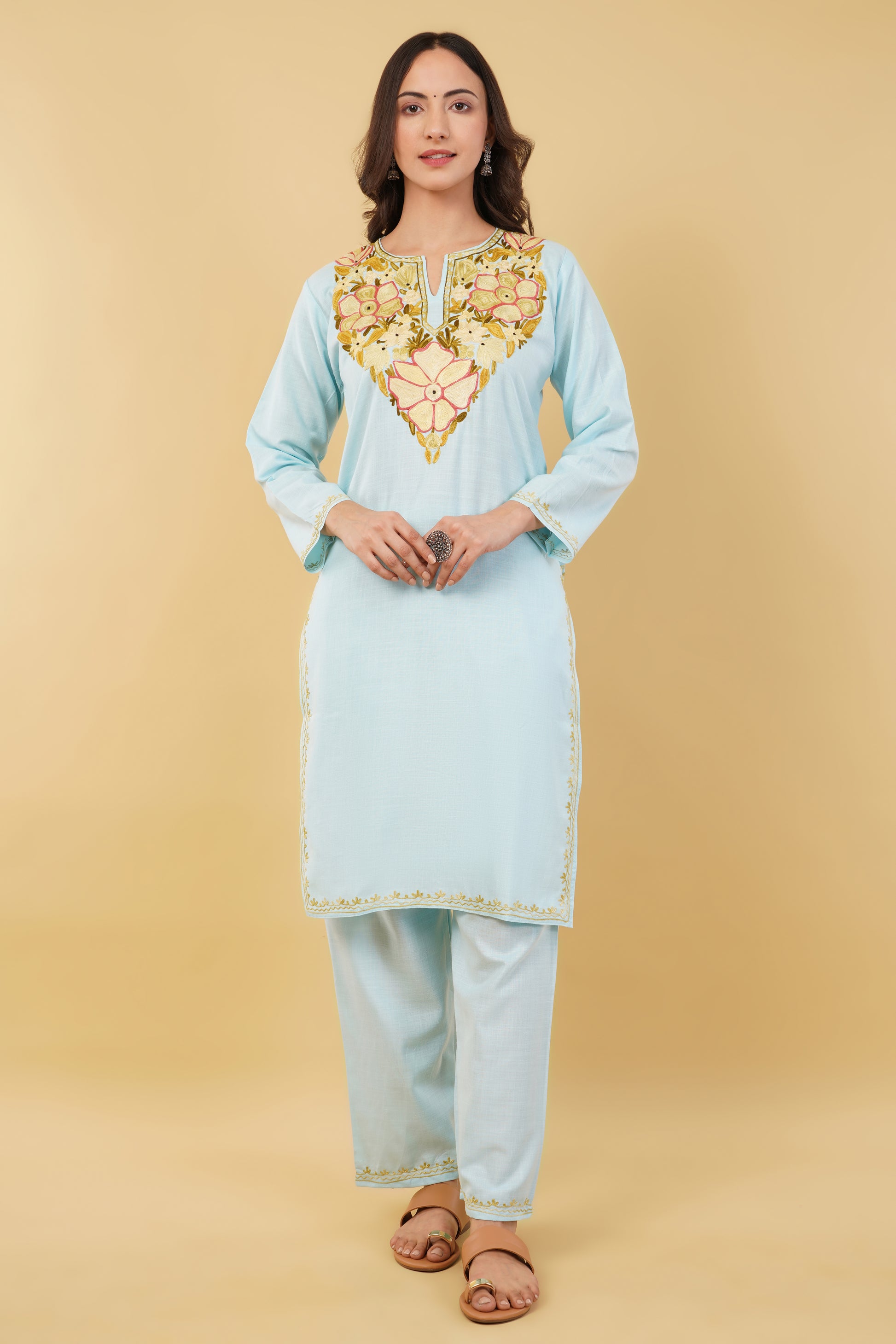 Kashmiri Aari embroidery Cotton Co-ord set Size-36 (Sky Blue)