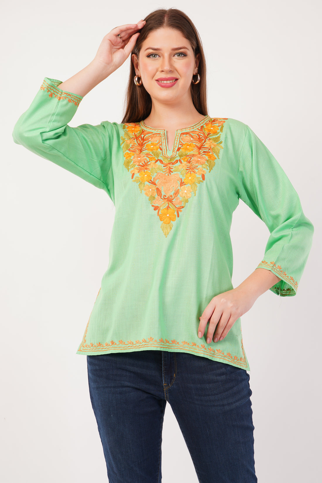 Kashmiri Aari embroidery Cotton Short Kurti Size-42(Green)