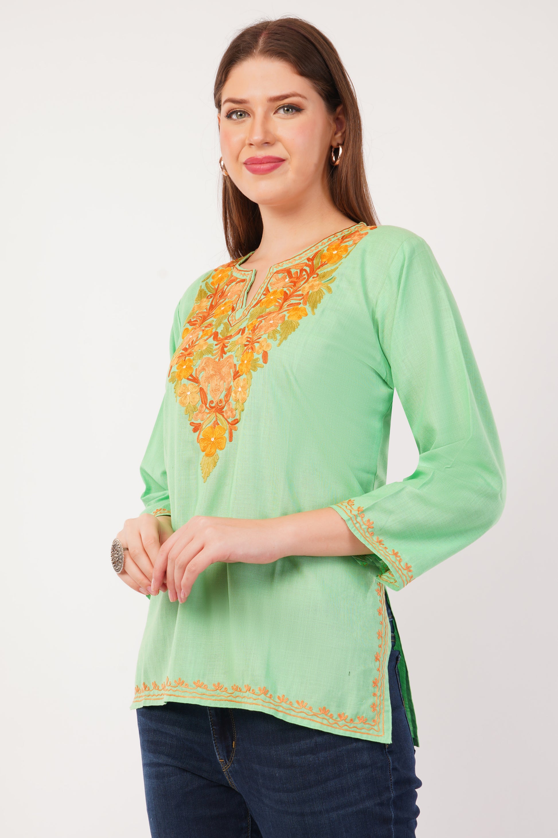 Kashmiri Aari embroidery Cotton Short Kurti Size-42(Green)